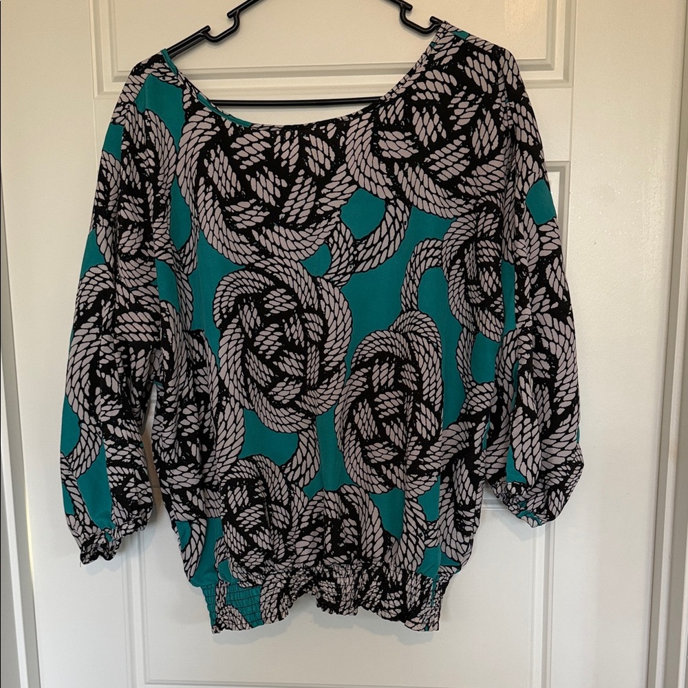 New York & Company Teal and Black Patterned Blouse